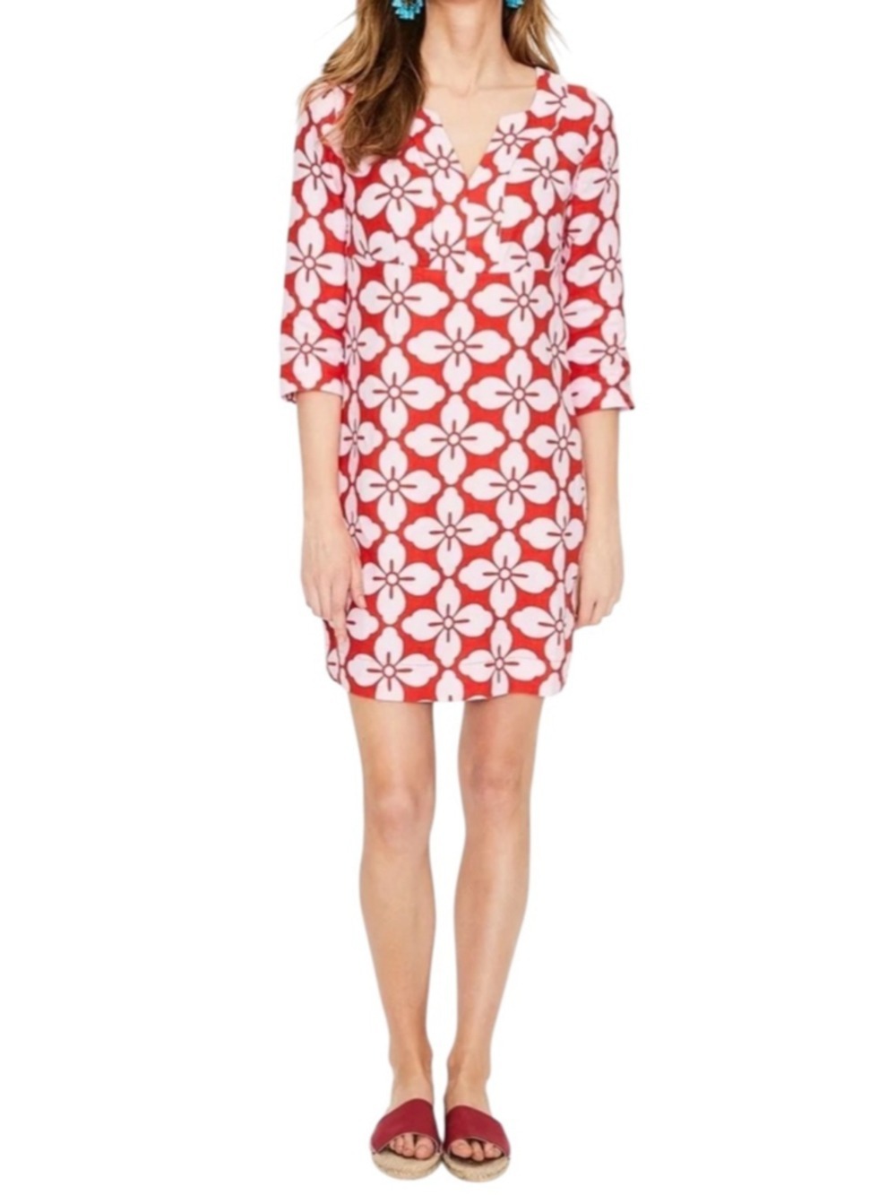 Boden Empire Casual Linen Dress Women’s 8P Petite Tropical Pink Red